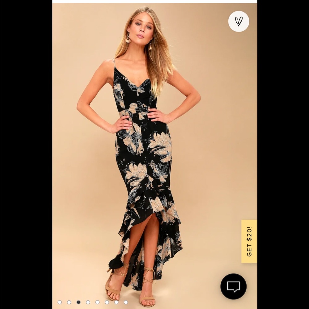 NWT Lulus “Darling Daylily Black Floral Print High-Low Maxi Dress” Size: Small